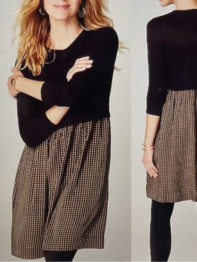 J Jill Black Tan Plaid Mixed Media Acadamia Preppy Pocket Long Sleeve Dress LG